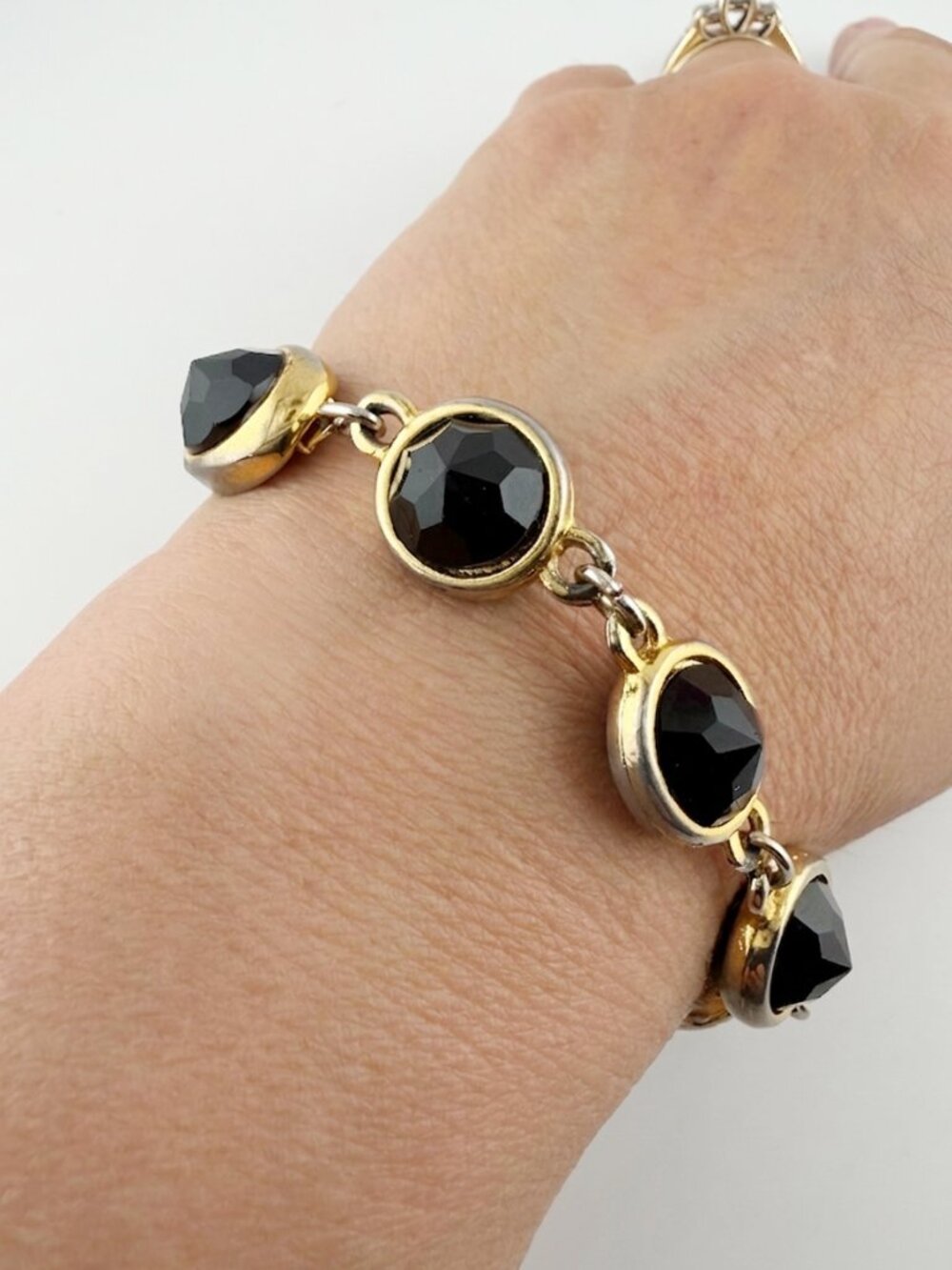 VTG Mixed Metal Black Faceted Stone Link Bracelet | 1960s Victorian Revival